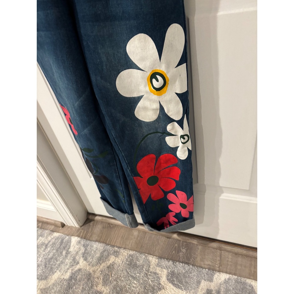 MissLook Bib Overalls Women's Denim Painted Floral Boho Wearable Art Hippie Sz S - Picture 4 of 6